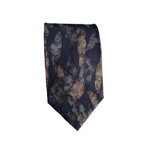 Vintage Barrington men's necktie in blue, gray, tan and gold; 100% silk